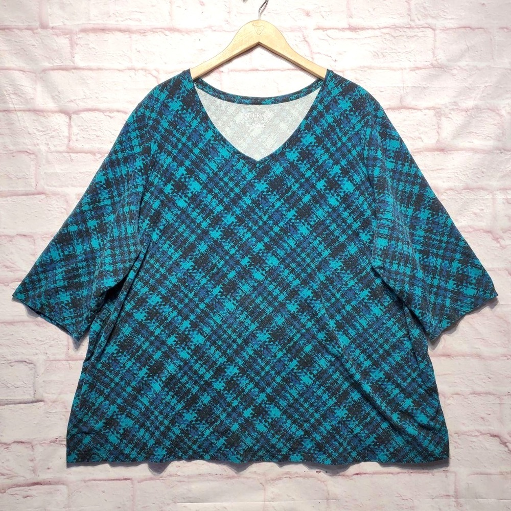 Catherines Suprema Collection Shirt Womens Plus 2X Blue Geometric Stretch Top